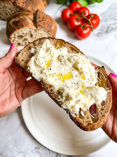 I Tried TikTok's Budget Burrata Hack and I Want to Spread It on Everything How To Use Burrata Cheese, How To Eat Burrata Cheese, Burrata Recipe Breakfast, Diy Burrata Cheese, Healthy Burrata Recipes, Homemade Burrata Cheese, Easy Burrata Recipe, Burrata Breakfast Ideas, Burrata Toast Recipe