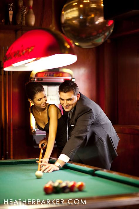 Pool Table Photoshoot, Billiards Aesthetic, Engagement Photography Tips, Indoor Engagement Photos, Chicago Engagement Photos, Couples Modeling, Photo Shoot Location, Pre Wedding Poses, Vintage Photoshoot