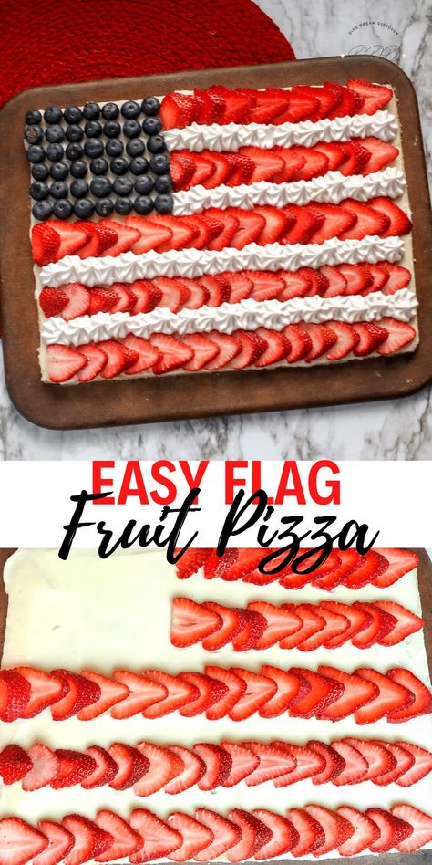 This American flag fruit pizza is an easy, delicious recipe for the 4th of July. To really win over your guests with your baking, add Bickford’s strawberry shortcake flavoring to the cream cheese mix. WOW! #4thofjulyfood #4thofjulypartyfood #4thofjulydesserts Easy Labor Day Desserts, Flag Fruit Pizza, Easy Dessert Pizza, Flag Desserts, 4th July Food, Pizza Dessert, Memorial Day Foods, Cream Cheese Sugar Cookies, Sugar Cookie Crust