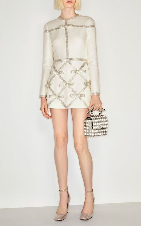 Crepe Couture Metallic Trim Wool And Silk Dress By Valentino | Moda Operandi Valentino White Dress, Classy Wardrobe, Tweed Outfit, Valentino Fashion, Valentino Dress, Classy Dress Outfits, African Print Fashion Dresses, Sport Dress, African Print Fashion