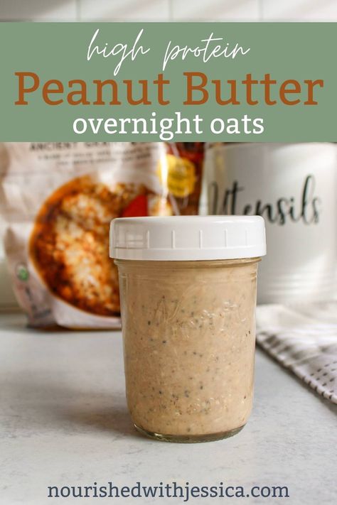 High Protein Peanut Butter Overnight Oats (40g per serving) - Nourished with Jessica High Protein Peanut Butter Overnight Oats, Easy Overnight Oats Peanut Butter, Overnight Oats With Pb2 Powder, Peanut Butter Overnight Oats Protein, Pb2 Overnight Oats, Overnight Oats Peanut Butter, Overnight Oats With Peanut Butter, Peanut Butter Overnight Oats Recipe, Oats In A Jar