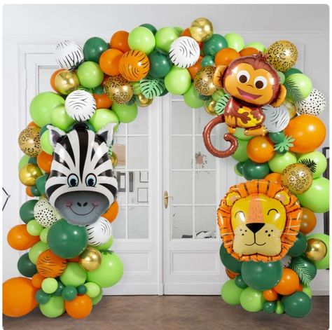 Jungle Balloon Arch, Safari Birthday Party Decorations, Safari Balloon, Jungle Theme Cakes, Jungle Balloons, Boys 1st Birthday Cake, Jungle Decorations, Jungle Theme Parties, Baby Birthday Decorations