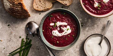 Discover how to cook this healthy and hearty beetroot and pumpkin soup recipe, packed with antioxidants and folic acid. Carrot And Coriander Soup, Coriander Soup, Beetroot Recipes, Beetroot Soup, Fat Burning Soup, Beet Soup, Vegetarian Soup Recipes, Pumpkin Soup Recipe, Great British Chefs