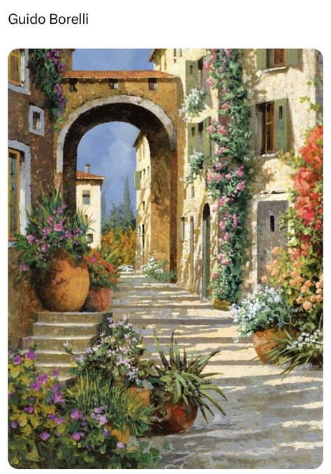 Streets Of Italy, Greek Paintings, Mediterranean Art, Garden Mural, Italy Street, Street Painting, Italian Landscape, Canvas Drawing, Oil Paints