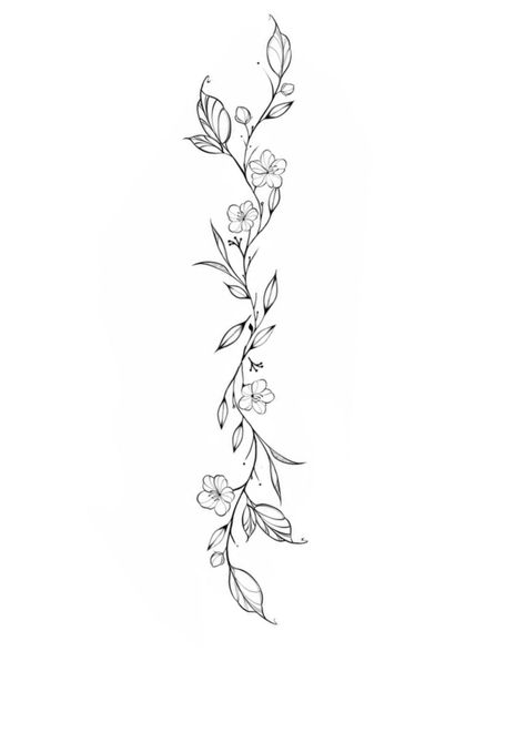 Spine Tattoo Flowers Simple, Straight Vine Tattoos, Daisy Vine Tattoo, Flowers And Vines Spine Tattoo, Leaf Spine Tattoo, Floral Lower Back Tattoo, Branch Tattoo Design, Fine Line Vine Spine Tattoo, Fine Line Flower Vine Tattoo