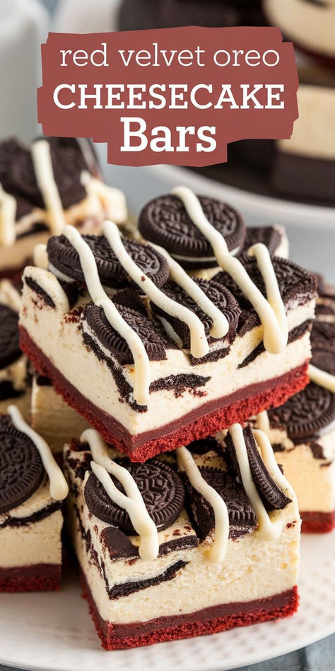 Fall in love with dessert all over again! These Red Velvet Oreo Cheesecake Bars offer a delightful combination of flavors and textures—sweet, tangy, and oh-so-decadent! Red Velvet Oreo Cheesecake Bars, No Bake Red Velvet Cheesecake Recipes, Red Velvet Oreo Cheesecake, Oreo Cheesecake Bars, Red Velvet Oreo, Blondie Bar, Velvet Cheesecake, Red Velvet Cheesecake, Cheesecake Pie