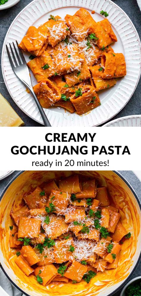 This 1-Pot Gochujang Pasta is creamy, spicy, and SO saucy! It's made with 8 ingredients and is ready in 20 minutes! It has the perfect balance between spicy, sweet, salty, and umami. This recipe is great for weeknight dinners because it requires minimal effort. Gochujang Shrimp, Gochujang Pasta, Gochujang Recipe, Pasta With Shrimp, Spicy Pasta, Quick Pasta Recipes, Dinner Recipes Healthy, American Recipes, College Meals