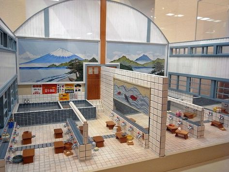 Japanese Public Bath, Japanese Bath House, Japanese Miniature, Japanese Bath, Public Bath, Doll House Crafts, House Drawing, Scenic Design, Miniature Houses