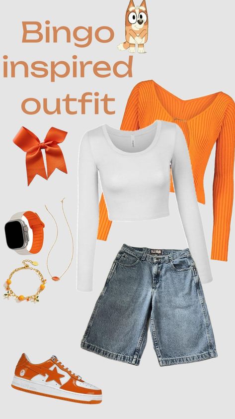 Bingo inspired outfit🧡🐶 Bingo Outfit Ideas, Bluey Bingo Bracelets, Bingo Crochet Pattern, Bingo Shirts, Bingo Accessories, Inspired Outfits, Bingo, Outfit Inspirations, Pins