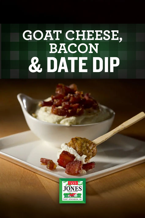 This bright, creamy, and tangy goat cheese, bacon, and date dip is the perfect complement to Jones No Antibiotics Ever Pork Meatballs. Goat Cheese Date And Bacon Dip, Goat Cheese Bacon And Date Dip, Goat Cheese Bacon Date Dip, Date Dip, Bacon Dates, Whipped Goat Cheese, Bacon Dip, Delicious Dips, Farm Products