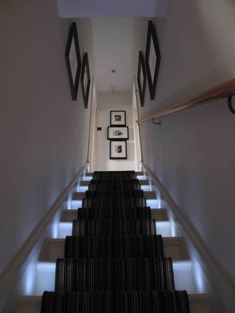 Brighten a dark staircase...it looks great! Brightening Up A Dark Stairwell, Dark Narrow Staircase Ideas, Dark Staircase Ideas Brighten, Narrow Stairwell Ideas, How To Brighten A Dark Hallway, Brighten Dark Hallway, Stairwell Remodel, Narrow Staircase Ideas, Dark Staircase