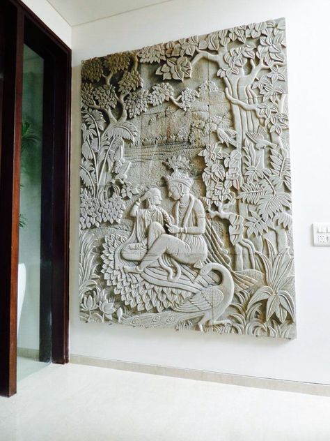 Stone wall mural made by stone masons of India depicting a popular religious theme. Style-Ornamental, carved on a sandstone Sandstone Carving Wall, Carved Stone Wall Mural, Stone Art Wall Murals, Wall Carving Design Living Rooms, Stone Carving Art, Embossed Wall Art, Wall Carving Design, Stone Murals On Walls, Wall Murals Indian