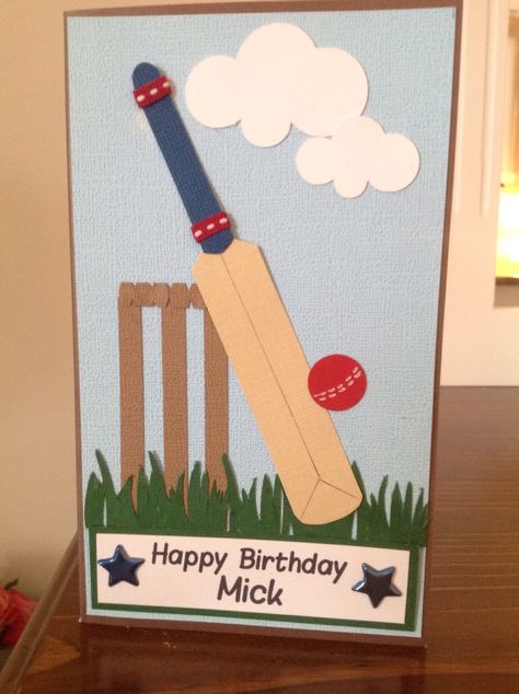 Cricket Bat Punch Art Card Cricket Birthday Cards, Cricket Birthday Cards Handmade, Cricket Birthday Invitations, Cricket Theme Birthday, Cricket Theme Birthday Invite, Cricket Themed Birthday Cards, Handmade Sports Birthday Cards, Handmade Greeting Card Designs, Hand Crafts For Kids