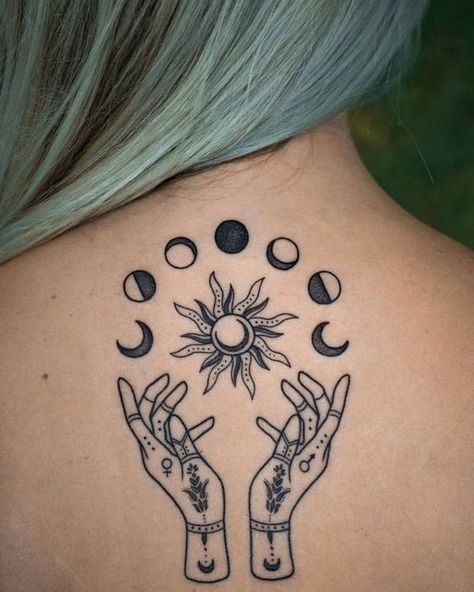 Discover the allure of Moon phase tattoos. We will explore the best designs and insights on choosing the ideal placement. Sun And Moon Tattoos, Moon Phases Tattoo, Mystical Tattoos, Upper Back Tattoos, Astrology Tattoo, Moon Tattoos, Planet Tattoos, Tattoo Hand, Inspiration Tattoo