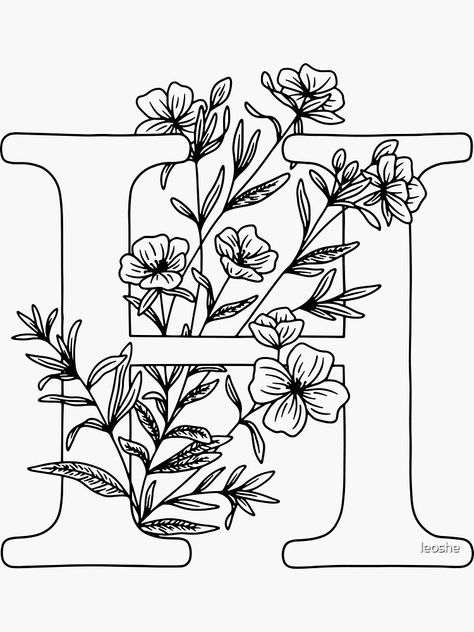 "H - Monogram Floral Botanical" Sticker by leoshe | Redbubble Letter H Design, Peony Drawing, Floral Monogram Letter, Road Logo, H Monogram, Alphabet Embroidery, Floral Words, Carved Stamps, Monogram Art