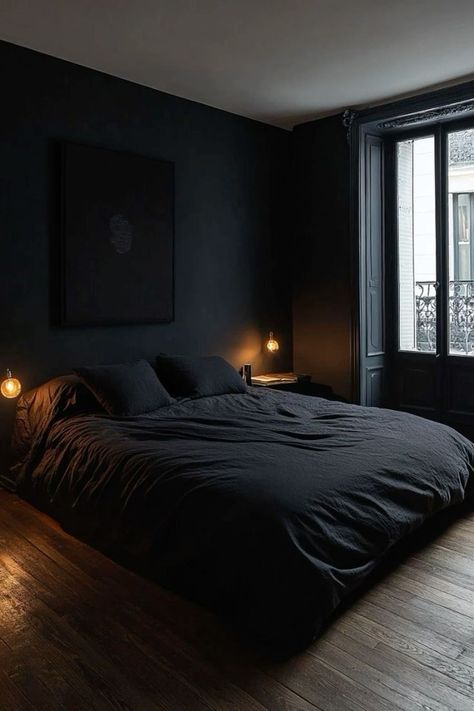 All Black Bedroom, Dark Minimalist Bedroom, Black Walls Bedroom, Mens Bedroom Decor, Fall Bedroom Ideas, Black Bedroom Design, Minimalist Bedroom Decor, Brown Rooms, Moody Bedroom