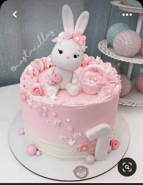 Bunny Rabbit 1st Birthday Cake, 1st Birthday Bunny Cake, Bunny Birthday Cakes Girl, Bunny Birthday Cake Ideas, Bunny Cakes Birthday Kids, Simple 1st Birthday Cake, Bunny Cake Birthday, Birthday Cake Rabbit, Pink Bunny Cake