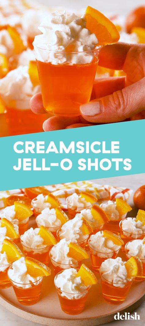 These Jell-O shots taste EXACTLY like a creamsicle. Get the recipe at Delish.com. #recipe #easy #easyrecipes #delish #creamsicle #shots #jello #orange #alcohol #liquor #vodka #party #parties #partyideas Jello Pudding Shots, Jell O Shots, Pudding Shots, Party Drinks Alcohol, Jello Shot Recipes, Jello Recipes, Shot Recipes, Jell O, Jello Shots