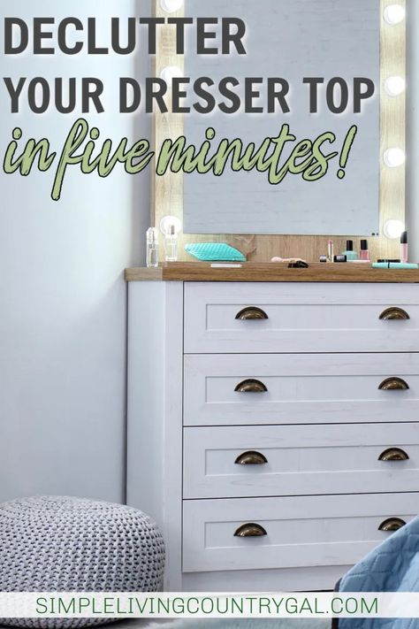 A fast fix project on how to declutter a dresser top, taking it from messy and chaotic to streamlined and organized in just minutes! From decluttering, cleaning, and finally organizing, you can turn this hot spot of clutter into an organized landing ground for your days. Top Of Dresser Organization, Organize Dresser Top, Organized Dresser, Dresser Organization Ideas, Bedroom Decluttering, Dresser Top Organization Ideas, Baskets For Blankets, Dresser Top Organization, Top Of Dresser