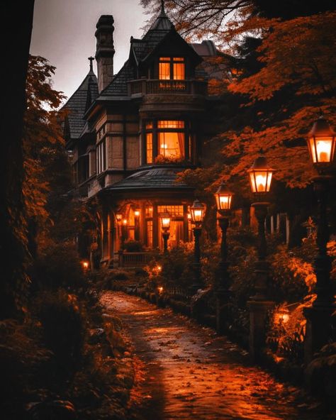 halloween vibe 🎃 • • • 🥮🍂tags: #autumn #fall #autumnal #aesthetic #cozy #seasonal #warm #fire #cold #winter #leaves #leaf #halloween… | Instagram Fall Screensavers, Victorian Town, Halloween Street, Doll Backgrounds, Cozy Rainy Day, Autumn Magic, Autumn Night, Autumn Scenery, Fantasy Aesthetic