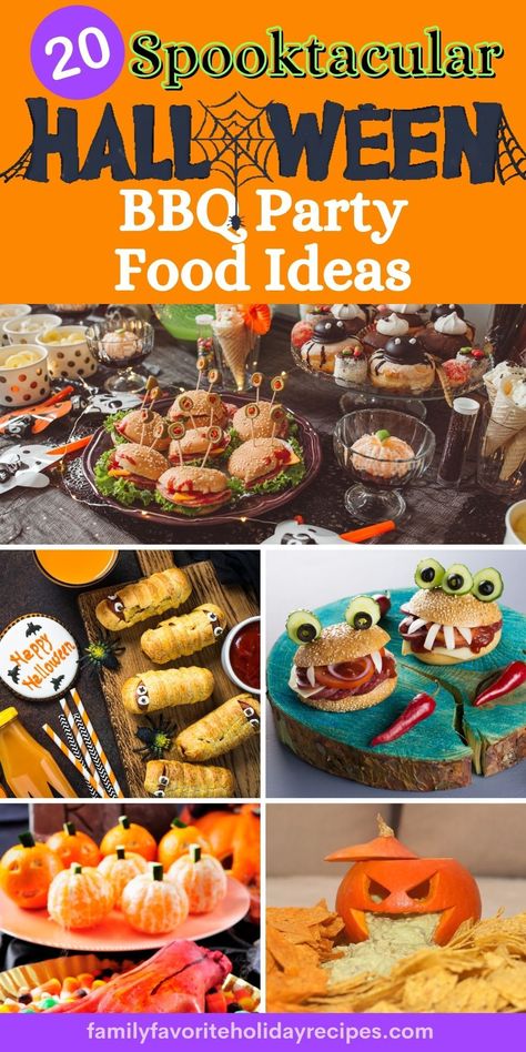 These spooktacular BBQ food ideas are perfect for your Halloween party! From meat and sandwiches to appetizers, sides, and desserts, we've got you covered for a frightfully fantastic party! Halloween Bbq Ideas, Side Dish Halloween Party, Halloween Pulled Pork Ideas, Bbq Halloween Food, Halloween Barbecue, Halloween Bbq Food Ideas, Easy Halloween Party Food For A Crowd, Halloween Bbq Food, Halloween Hotdogs Ideas