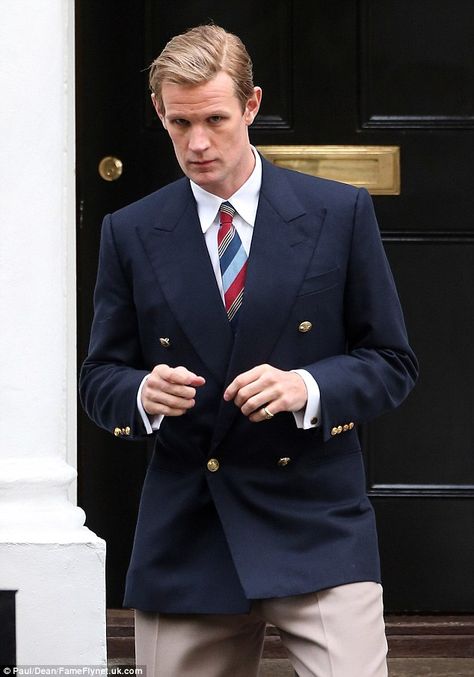 Back in a jacket: Matt Smith returned as Prince Phillip at a London townhouse earlier this week as he filmed the next season of The Crown Matt Smith The Crown, Crown Netflix, Prince Phillip, Matt Smith, Prince Philip, British Actors, King Charles, Queen Elizabeth, The Crown