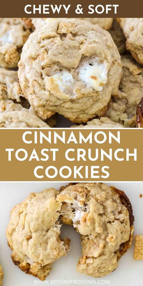 These Cinnamon Toast Crunch Marshmallow Cookies are soft and chewy cinnamon sugar cookies that are loaded with ooey-gooey marshmallows and crushed Cinnamon Toast Crunch cereal. Cinnamon Toast Crunch Cookies, Cookies With Marshmallows, Cinnamon Toast Crunch Cereal, Crunch Cookies, Cereal Cookies, Cinnamon Sugar Cookies, Crunch Recipe, Cinnamon Crunch, Marshmallow Cookies