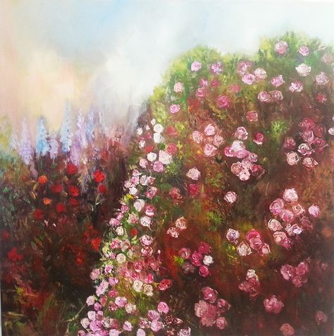 Oil painting' rose bush Rose Bushes Drawing, Rose Garden Painting Acrylic, Flower Bush Drawing, Flower Bush Painting, Rose Bush Drawing, Rose Bush Painting, Bush Drawing, Cartoon Rose, Landscaping With Roses