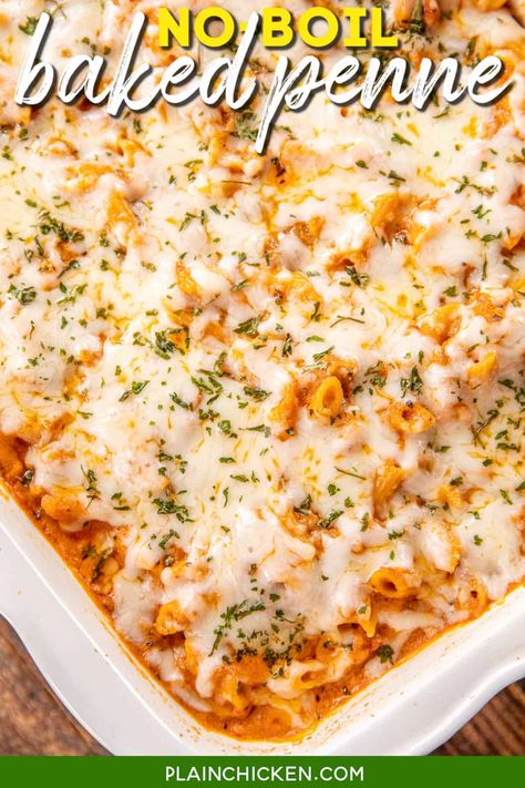 No Boil Baked Penne - SUPER easy weeknight meal. Simply mix together a few simple ingredients, pour it into a baking dish, and bake. No need to precook the pasta. It bakes along with everything else! Penne pasta, ricotta cheese, Italian sausage, spaghetti sauce, water, mozzarella, and parmesan cheese. Serve the pasta with a salad and some garlic bread for a restaurant-quality meal! #pasta #casserole #familydinner #noboilpasta Baked Spaghetti With Ricotta, Sausage Spaghetti Sauce, Easy Penne Pasta Recipes, Penne Pasta Bake, Italian Sausage Spaghetti, Italian Pasta Bake, Baked Italian Sausage, Ricotta Pasta Bake, Easy Home Cooked Meals