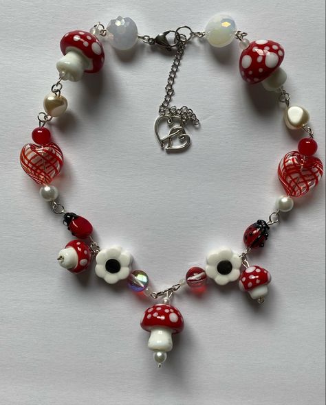 y2k mushroom ladybug heart large bead handmade necklace Mushroom Charm Bracelet, Mushroom Bracelet, Mushroom Dress, Mushroom Beads, Ladybug Necklace, Mushroom Style, Mushroom Necklace, Mushroom Jewelry, Beaded Jewlery