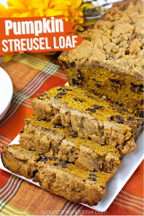 Pumpkin bread with streusel topping is a moist, dense loaf cake with a crunchy, cinnamon-brown sugar topping studded with morsels of melted chocolate chips. The creamy pumpkin, sweet streusel and hints of chocolate combine to make a decadent fall treat that is just as perfect being served at brunch as it is being served after a fall meal. Pumpkin Chocolate Coffee Cake, Pumpkin Streusel Coffee Cake, Pumpkin Magic Cake, Melted Chocolate Chips, Pumpkin Hot Chocolate, Pumpkin Streusel, Chocolate Cake With Coffee, Fall Meal, Streusel Coffee Cake