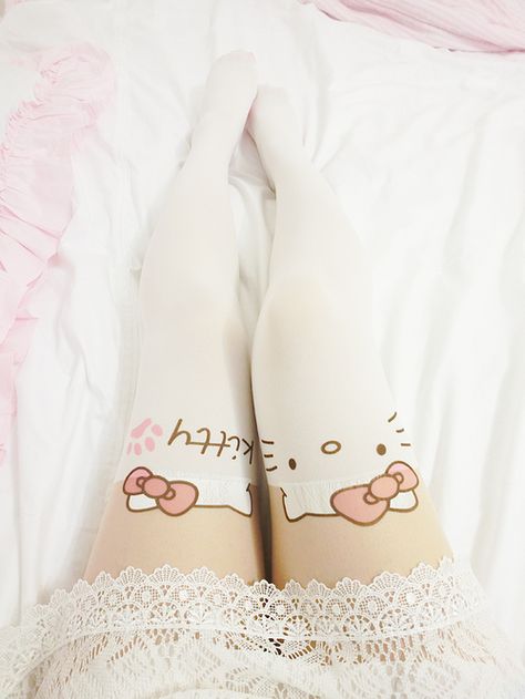 Kawaii fashion  Hello kitty Pink Paw Print, Thigh High Tights, Cat Stockings, Cute Asian Fashion, Pink Paws, Kawaii Clothes, Lolita Fashion, Kawaii Fashion, Japanese Fashion