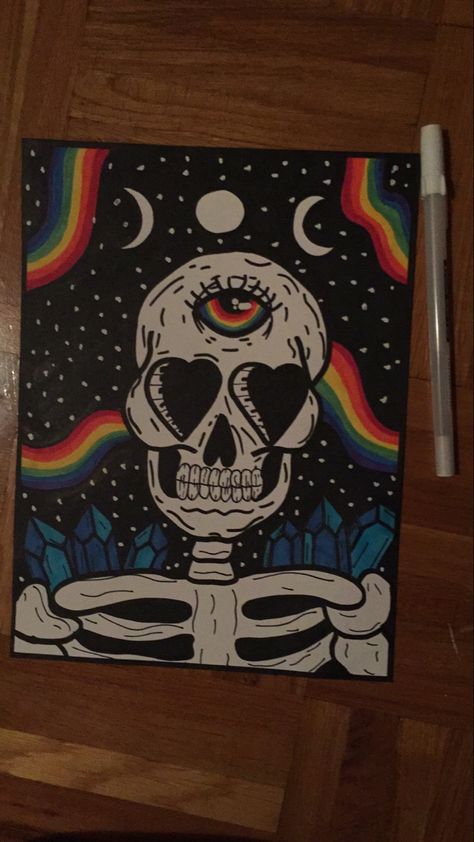 Cute Skeleton Painting, Creepy Cute Paintings, Trippy Aesthetic Paintings Canvases, G59 Canvas Painting, Simple Goth Painting Ideas, Cool Painting Ideas Trippy, Bedroom Art Painting, Indie Drawings, Trippy Painting