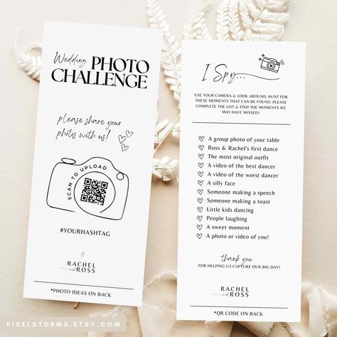 "These camera qr wedding cards  are perfect for modern weddings and a non traditional wedding reception. The wedding qr code cards are easy to edit and makes sharing photos with friends and family a breeze. Its a fun way to get guests actively involved and capture moments that you may of missed from your big day! TWO VERSIONS, front & back (4 TEMPLATES TOTAL) are included for flexibility to best match your theme. Use one or use all, delete some  or change your mind whenever. These are yours to k 21st Night Of September Wedding, I Spy Wedding Game, Spy Wedding, Wedding Table Games, Reception Games, Hunting Wedding, Game Wedding, Wedding Game, Menu Wedding