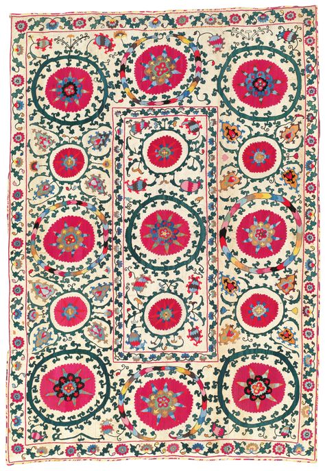 A SUSANI | SAMARKAND, UZBEKISTAN, 19TH CENTURY | Textiles & Costume, Uzbekistan | Christie's Samarkand Uzbekistan, Suzani Rug, Asian Textiles, Yellow Tree, Art Exhibitions, Islamic World, Antique Textiles, Silk Embroidery, Illustration Artists