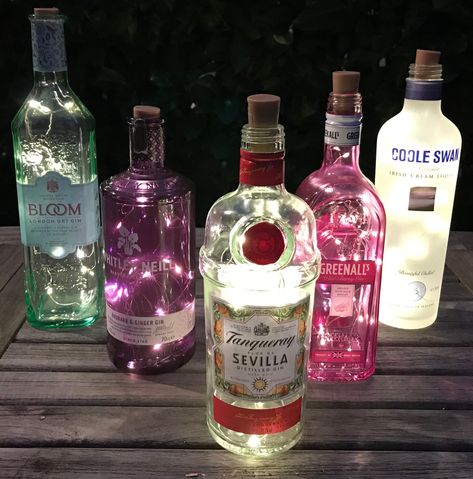 Bottle Centrepiece, Rhubarb And Ginger Gin, Lights Outside, Gifts For Gin Lovers, Rose Lemonade, Lighted Centerpieces, Warm White Lights, Bottle Centerpieces, Gin Bottle