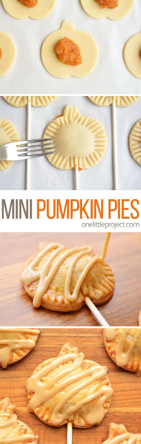 These mini pumpkin pie pops are SO CUTE!! They have all the flavours of pumpkin pie with an amazing maple sugar glaze on top. A perfect treat idea for Halloween or Thanksgiving! Handheld Pumpkin Pies, Pies Dessert, Mini Pumpkin Pie, Dessert Fall, Weight Watcher Desserts, Idea For Halloween, Mini Torte, Pie Pops, Mini Pumpkin Pies