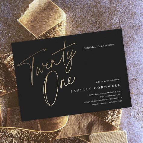 Birthday Invitations 21, Gold 21st Birthday, 21st Birthday Themes, Milestone Birthday Invitations, Elegant Birthday Invitations, Surprise Birthday Invitations, 21st Birthday Decorations, 21st Party, 21st Birthday Invitations