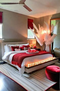 White And Red Bedroom Aesthetic, Red Master Bedrooms Decor, Red Bedroom Ideas For Women, White Comforter Bedroom Ideas With Color, Red Bedding Ideas Bedrooms, Grey And Red Bedroom Ideas, Blanket Ottoman, White And Red Bedroom, Bedroom With Red Accents