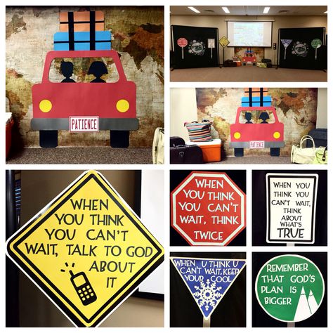 Our set design for March, 2015 - Are We There Yet? {252 Basics} School Room Decor, Construction Vbs, Sunday School Room Decor, Route 66 Theme, 252 Basics, Reading Week, Sunday School Rooms, Orange Kids, Vbs 2023