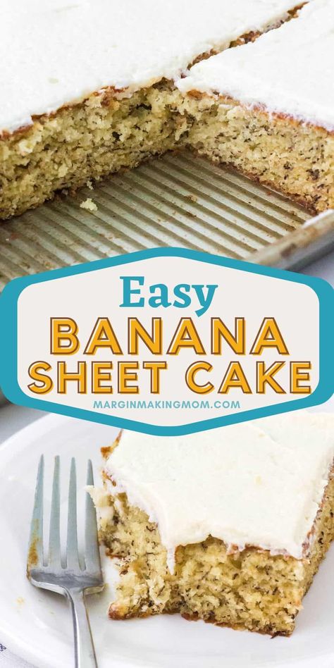 This homemade banana sheet cake is a classic southern dessert made with ripe bananas, for a delightfully sweet treat that serves a crowd! It's easy to make and disappears fast! Banana Sheet Cake, Banana Sheet Cakes, Cake With Frosting, Banana Recipes Overripe, Fluffy Frosting, Butter Pecan Cake, Comfort Desserts, Impressive Desserts, Easter Desserts