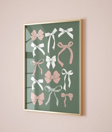 Pink Green Bows Print Set of 3, Coquette Decor, Preppy Wall Art, Ace Card Lucky Girl Syndrome, College Apartment Decor, Girly Room Aesthetic - Etsy Green Pink Room Decor, Pink And Green Wall Prints, Dorm Room Decor Green, Pink And Green Dorm Room Ideas, Pink And Green Wall Art, Pink And Green Prints, Pink And Green Apartment, Pink And Green Decor, Pink Dorm Decor