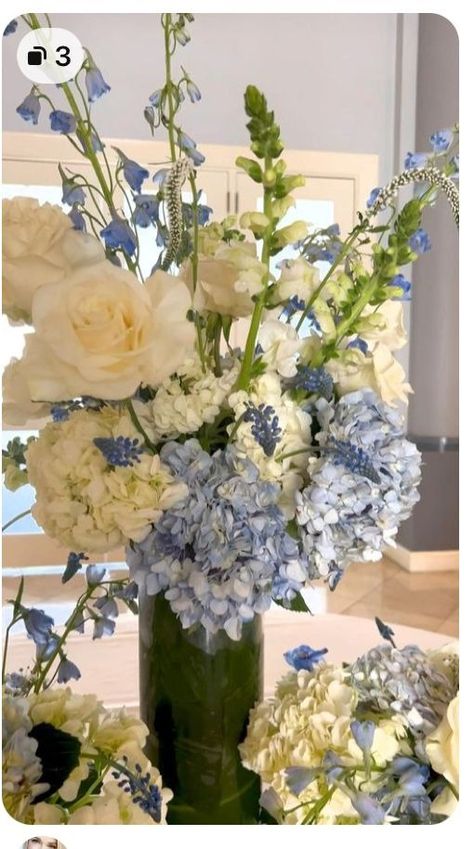 Slate Blue Wedding Centerpieces, Blue Gold Floral Arrangements, Entrance Table Flower Arrangement, Blue And White Hydrangea Arrangements, Blue And Green Hydrangea Centerpiece, Hydrengas Flower Arrangement Wedding, Blue Hydrangea And White Roses Flower Arrangements, Large Blue Floral Arrangements, Blue Gold White Floral Arrangements