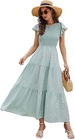 Duiah Women's Summer Casual Flutter Short Sleeve Crew Neck Smocked Elastic Waist Tiered Maxi Dress Tiered Dress Casual, Light Summer Palette, Simple Frock, Simple Frock Design, Print Chiffon Maxi Dress, Elegant Summer Dresses, Cute Maxi Dress, Simple Frocks, Rose Maxi Dress