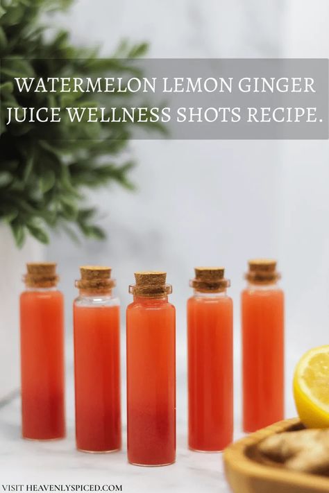 Refreshing, hydrating, and healthy; this 3 Ingredient vegan Watermelon Lemon Ginger Juice Wellness Shots Recipe is perfect for these hot summer months. It's super easy to prepare and comes together quickly. No juicer needed! #wellnessshots #wellnessshotsbenefits #wellnessshotrecipe #wellnessshotswithoutajuicer #lemongingershotrecipe #lemon #ginger #watermelon #watermelonrecipes #healthydrinks #vegan #cleanjuicecleanse #cleanjuice #wellness #diy #homemadejuice #veganfruitjuice Wellness Juice Shots, Lemon Cayenne Water, Juicing Watermelon, Wellness Shots Recipe, Watermelon Shots, Cold Pressed Juice Recipes, Ginger Shot Recipe, Juice Shots, Watermelon And Lemon