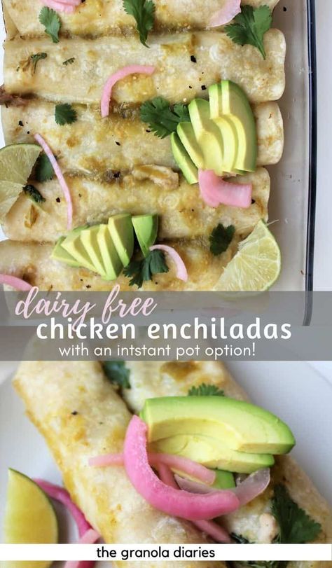 Dairy Free Chicken Enchiladas made with chicken and salsa verde! So flavorful. Also can be gluten free. Can be made in Instant Pot. #chickenenchiladas #dairyfree #instantpot #chickenrecipes #mealprep Gluten Free Dairy Free Chicken Enchiladas, Gluten Free Dairy Free Enchiladas, Non Dairy Enchiladas, Dairy Free Enchiladas Chicken, Dairy Free Chicken Enchiladas, Instant Pot Dairy Free, Dairy Free Enchiladas, Aip Lifestyle, Chicken And Salsa