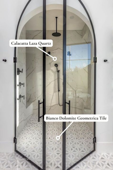 Make a stunning shower come to life with coordinating surfaces like MSI's Calacatta Laza quartz & Bianco Dolomite Geometrica tile. Aesthetic Interior Design, Up House, Dream House Rooms, Bathroom Design Luxury, Dream House Interior, Shower Door, Dream Bathroom, Dream House Plans, My Dream House