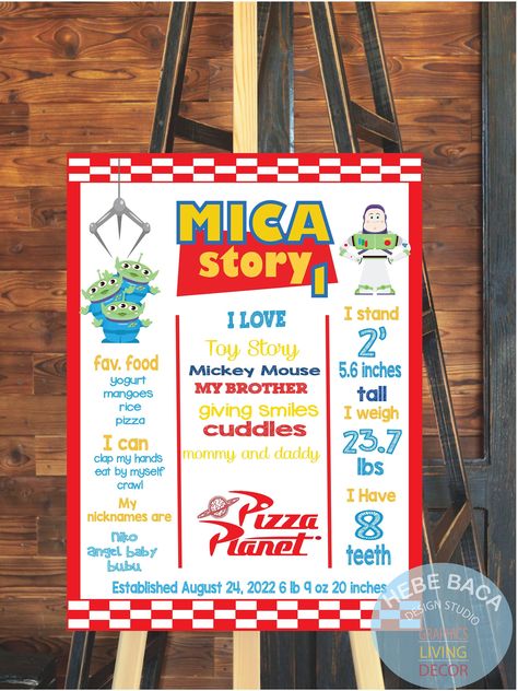 Toy Story Themed Food, Toy Story Birthday Decorations, Toy Story First Birthday, Toy Story Party Food, Toy Story Pizza Planet, Planet Birthday, Planet Poster, Milestone Board, Toy Story Theme