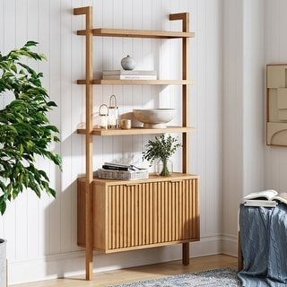 Jasper 3-Shelf Solid Wood Boho Bookshelf, Wall Mounted Bookshelf with Cabinet with Fluted Doors - Bed Bath & Beyond - 40277569 Hallway Bookshelf, Boho Bookshelf, Bookshelf With Cabinet, Bookshelf Wall Mounted, Wall Bar Shelf, Fluted Cabinet, Mounted Bookshelf, Bookshelf Table, Bookshelf Wall