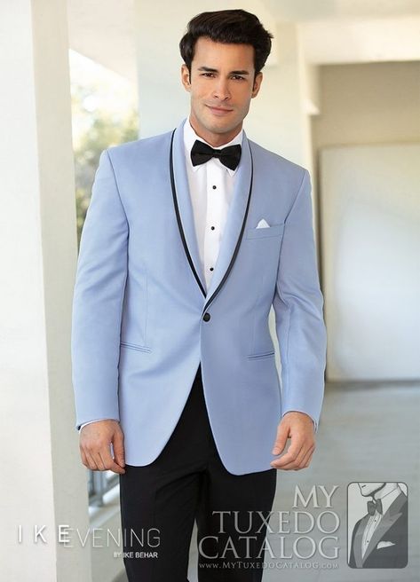 As color becomes more fashionable, we're seeing some great colors make a resurgence into the men's formal world.    Such is the case with the powder blue 'Valencia' slim fit tuxedo by Ike Behar!  This coat is meant to be worn with black pants, completing the dinner jacket look.   Pair it with a black bowtie and cummerbund and you can't go wrong! Powder Blue Mens Suit, Powder Blue Suit, Blue Calypso, Blue Tuxedo Jacket, Blue Mens Suit, Black Bowtie, Navy Tuxedos, Blue Suit Men, Blue Tuxedos